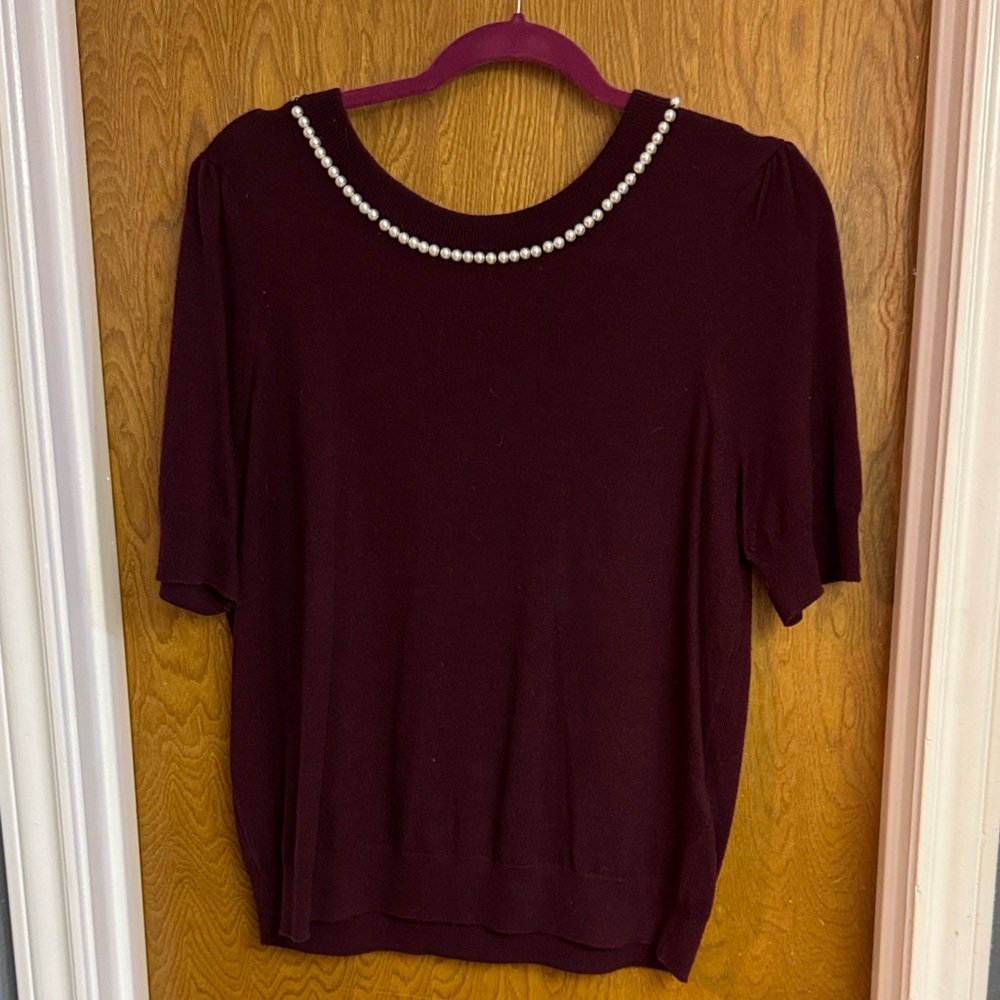 kate spade Pearl-Trim Short Sleeve Top in Deep Burgundy